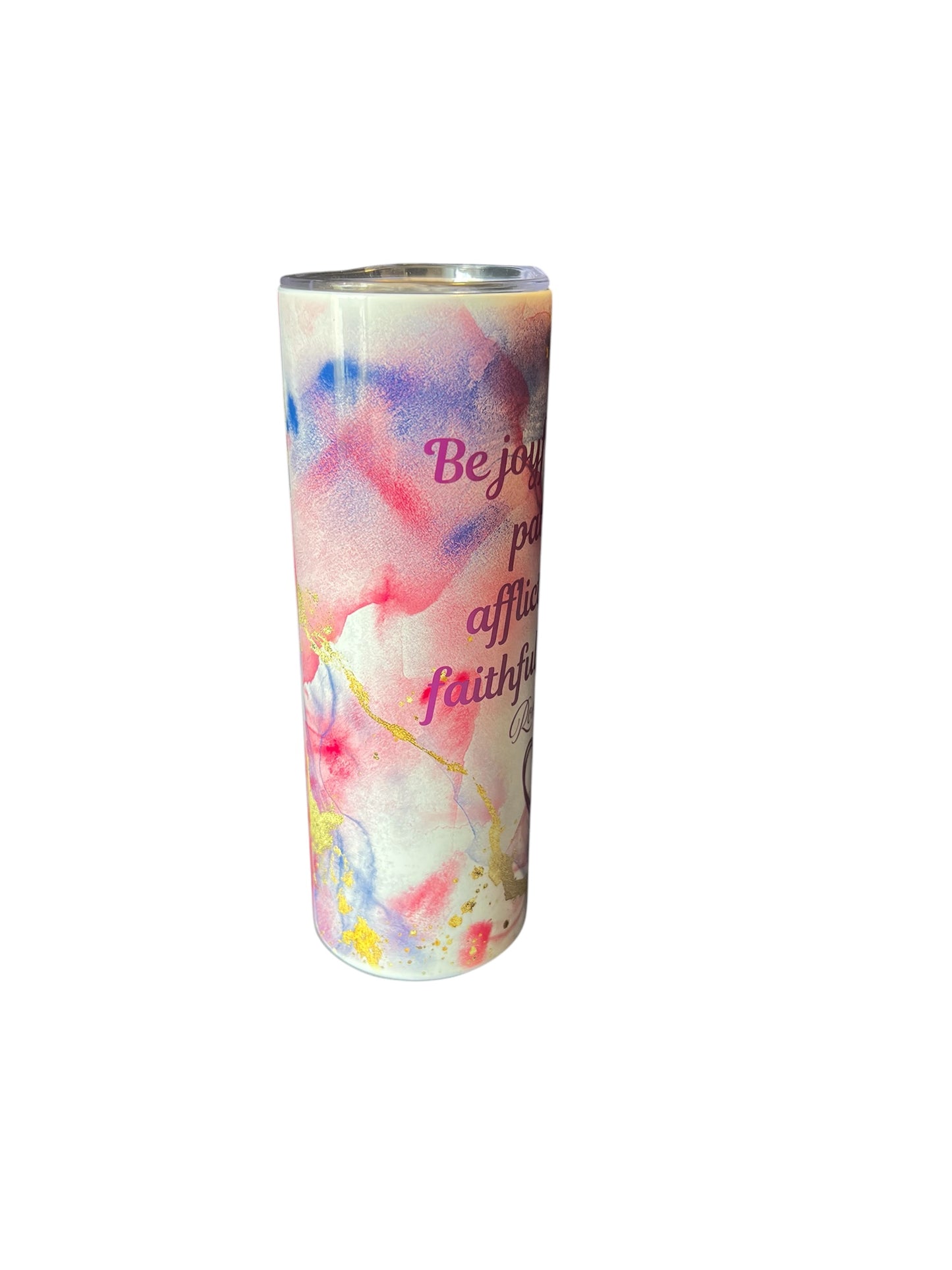 Christian Tumbler for Women – Romans 12:12 – Joyful in Hope – Pink Purple Swirl Scripture Cup"