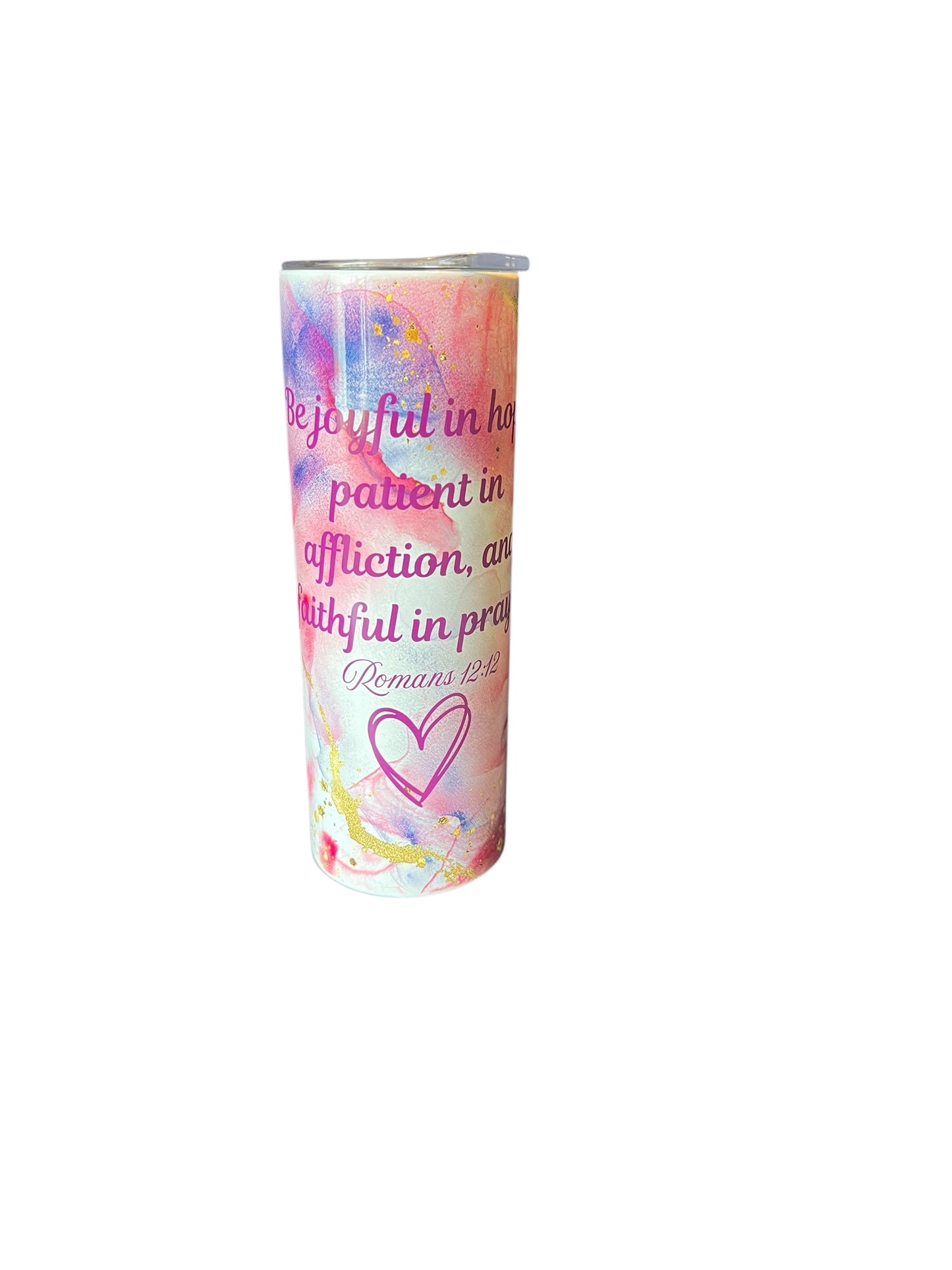 Christian Tumbler for Women – Romans 12:12 – Joyful in Hope – Pink Purple Swirl Scripture Cup"