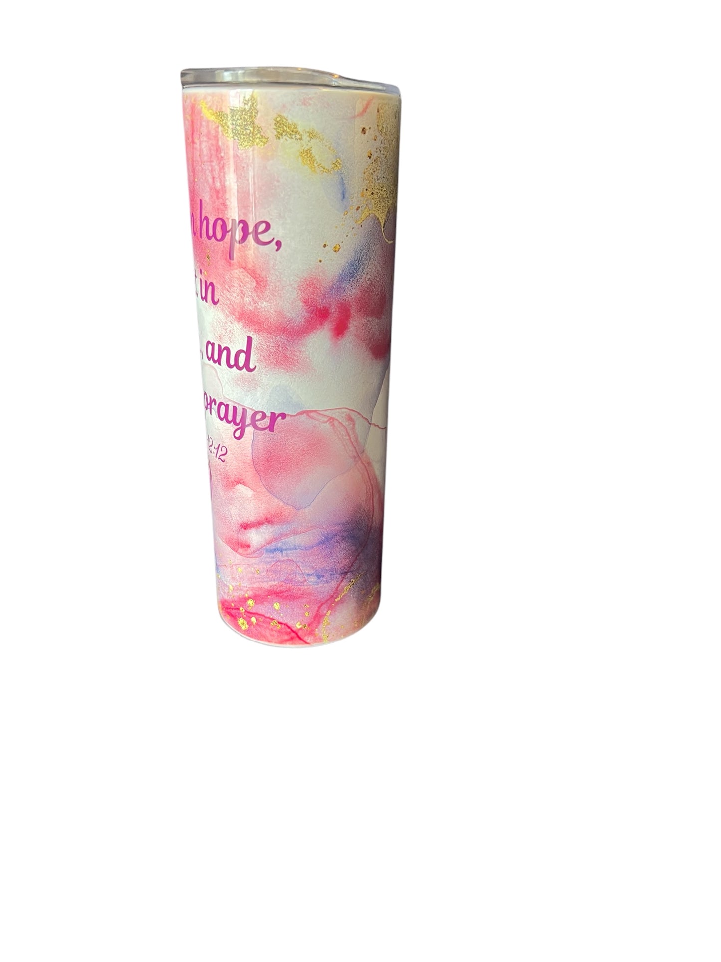 Christian Tumbler for Women – Romans 12:12 – Joyful in Hope – Pink Purple Swirl Scripture Cup"