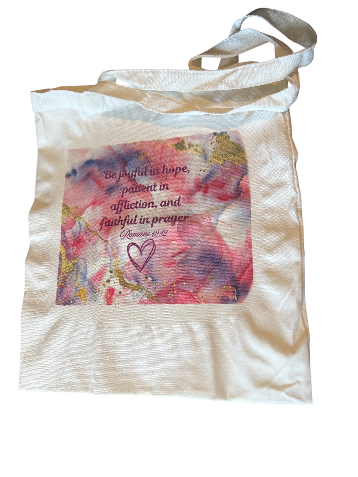 Pink and Purple swirl Romans 12:12 Tote bag (Bulk orders 10ct-80ct)