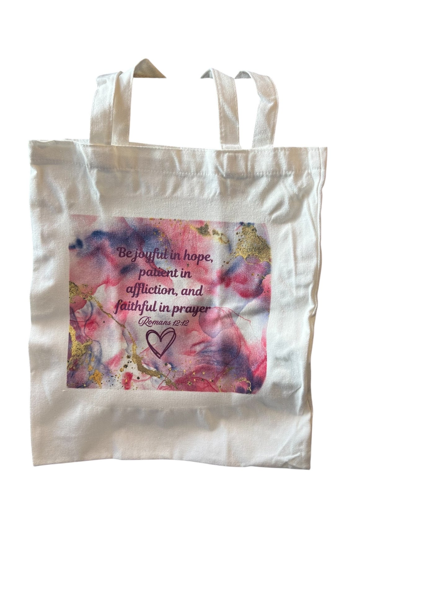 Pink and Purple swirl Romans 12:12 Tote bag (Bulk orders 10ct-80ct)