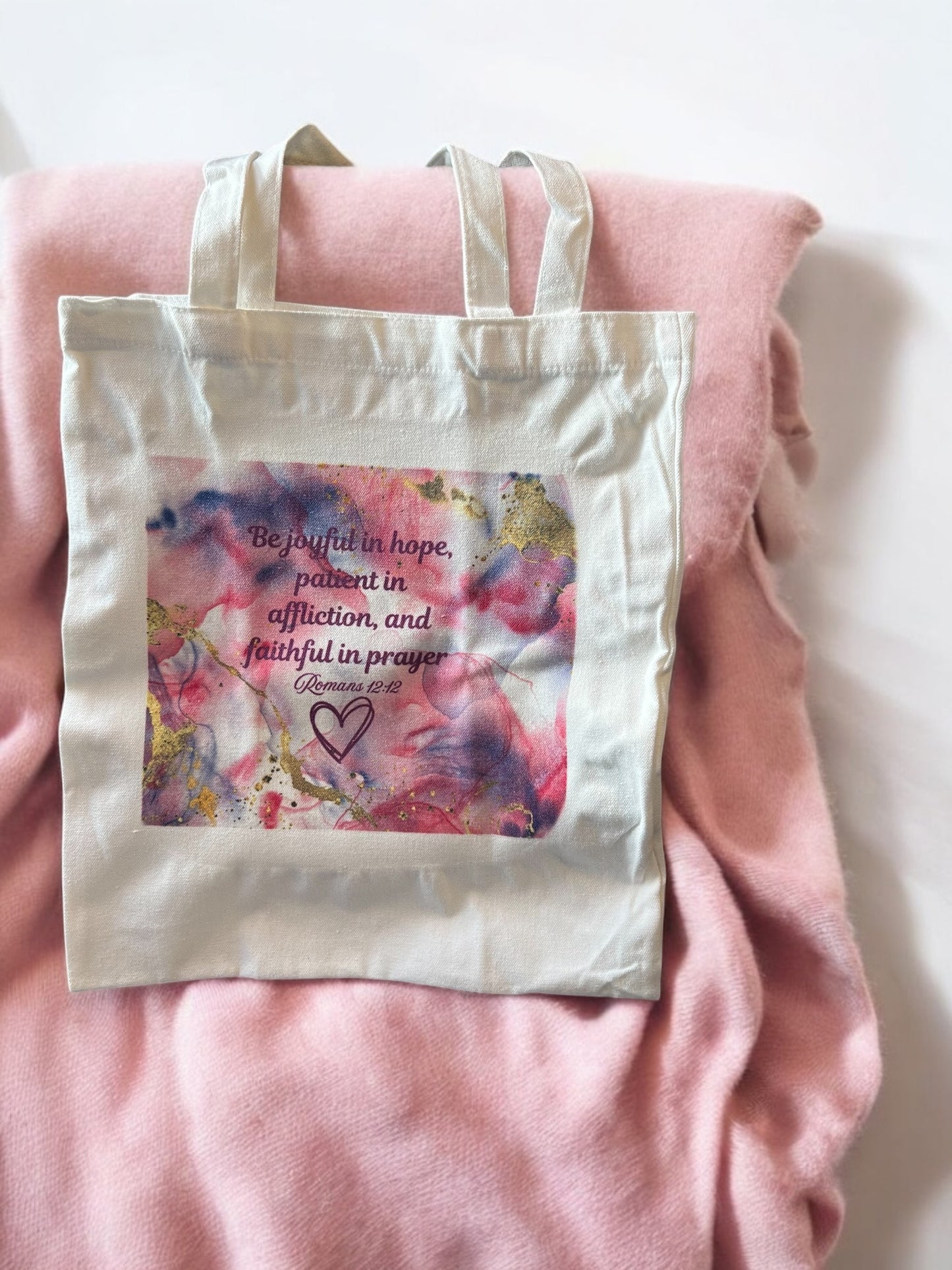 Pink and Purple swirl Romans 12:12 Tote bag (Bulk orders 10ct-80ct)