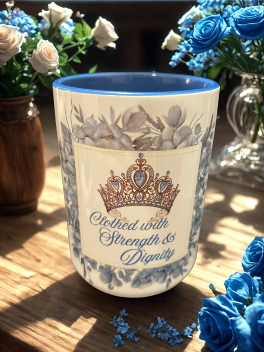 Two toned blue proverbs 31:25 mug