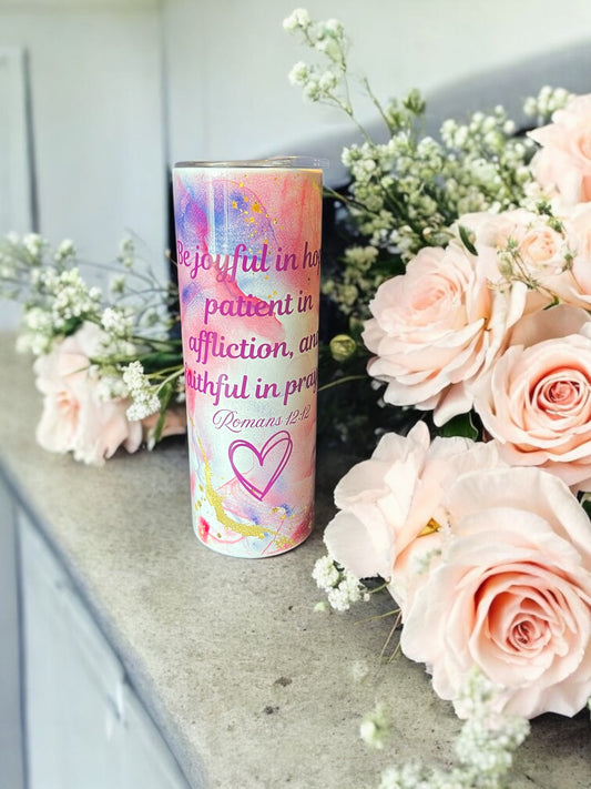 Christian Tumbler for Women – Romans 12:12 – Joyful in Hope – Pink Purple Swirl Scripture Cup"