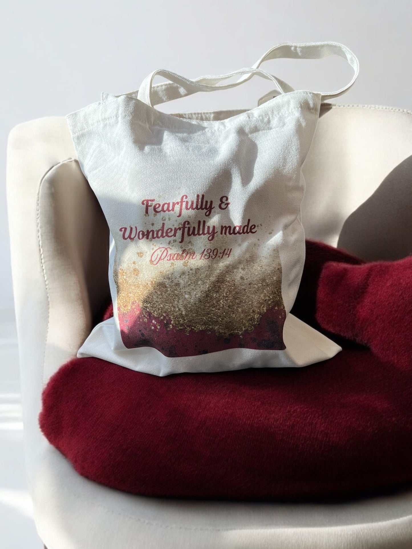 Fearfully and Wonderfully made Tote bag (red and gold)